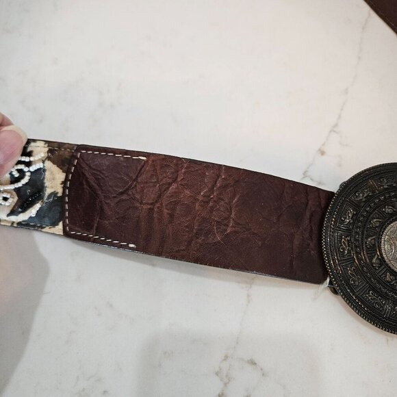 Chicos Small Genuine Leather Belt Aztec Medallion Buckle Brown Beaded - Picture 8 of 15